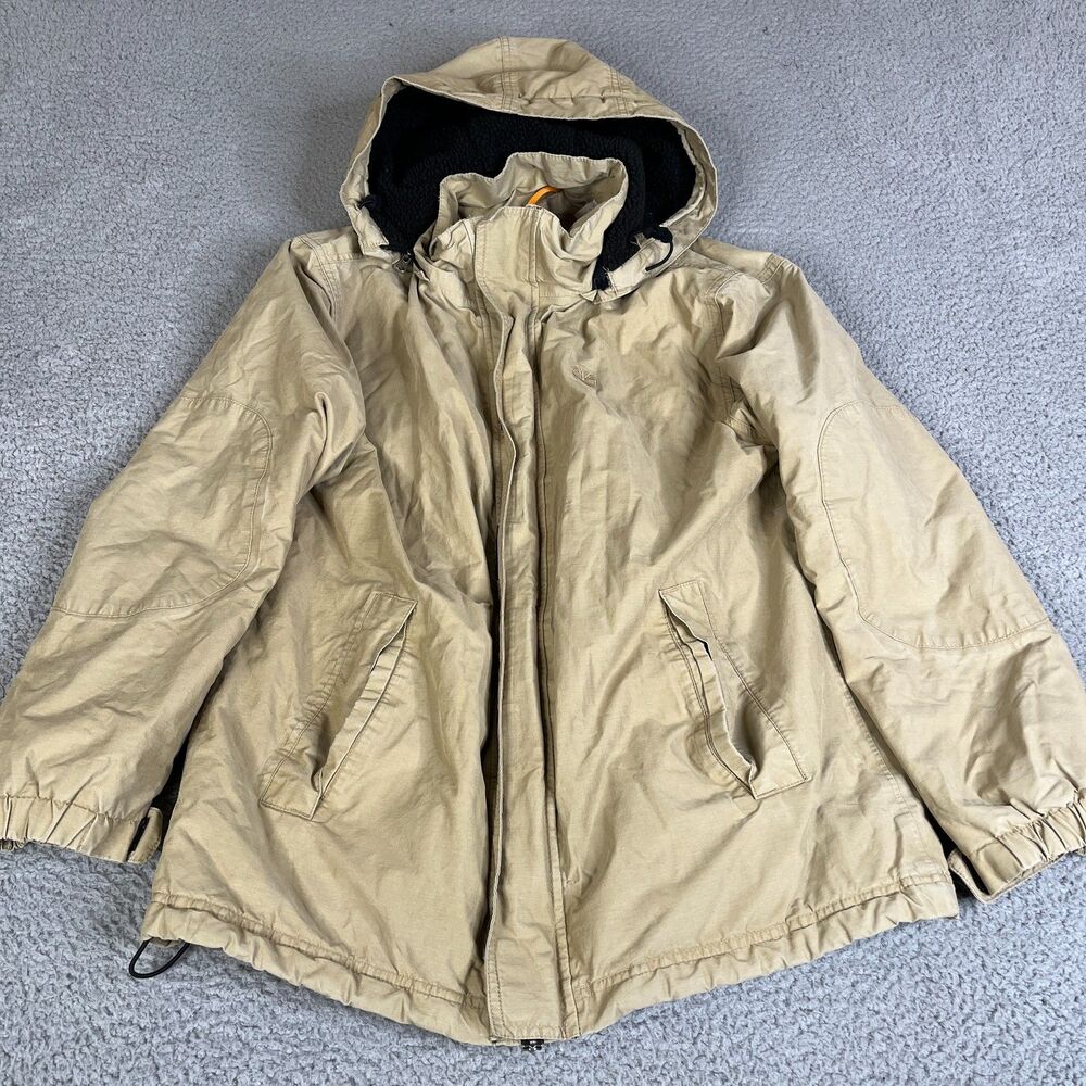 TIMBERLAND Stratham Issue Jacket Men Small Tan Khaki Removable Hood Full Zip